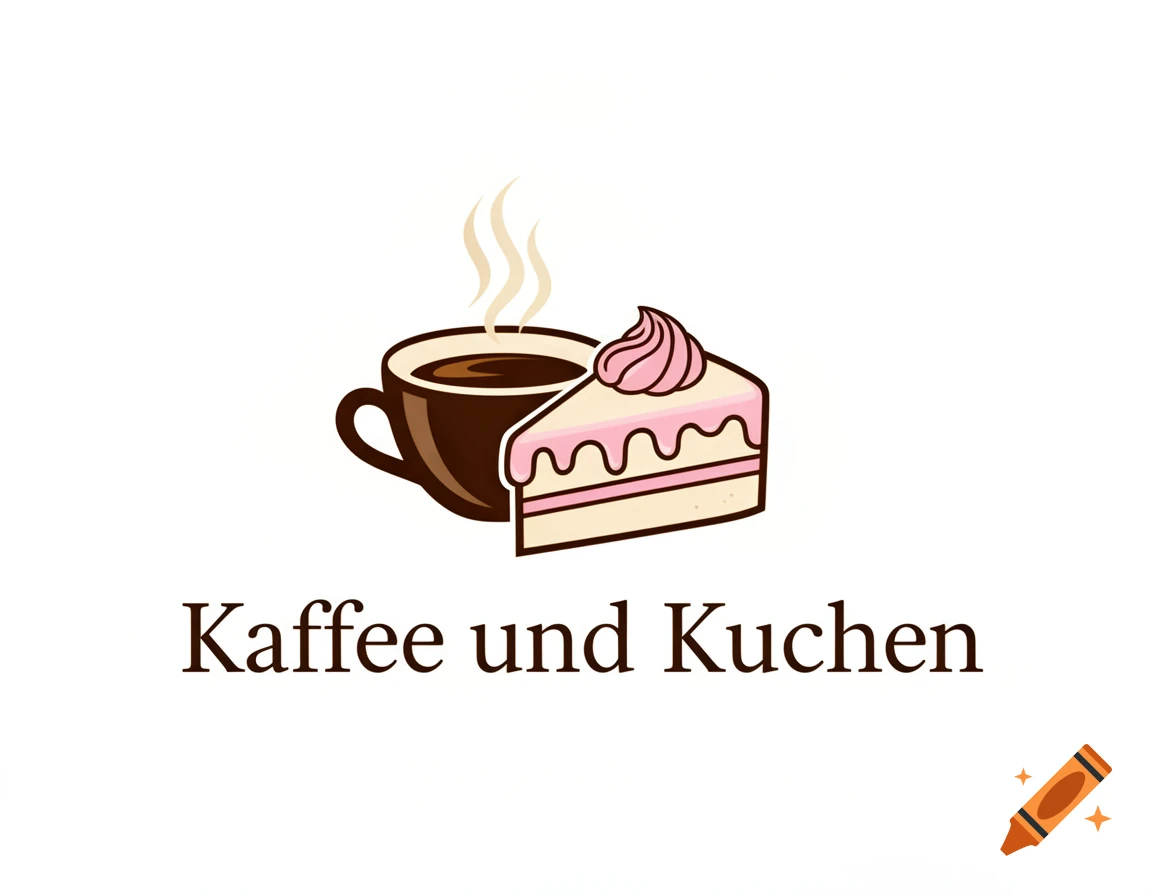 Illustration of a steaming coffee cup and a slice of pink-frosted cake with the text 'Kaffee und Kuchen'.