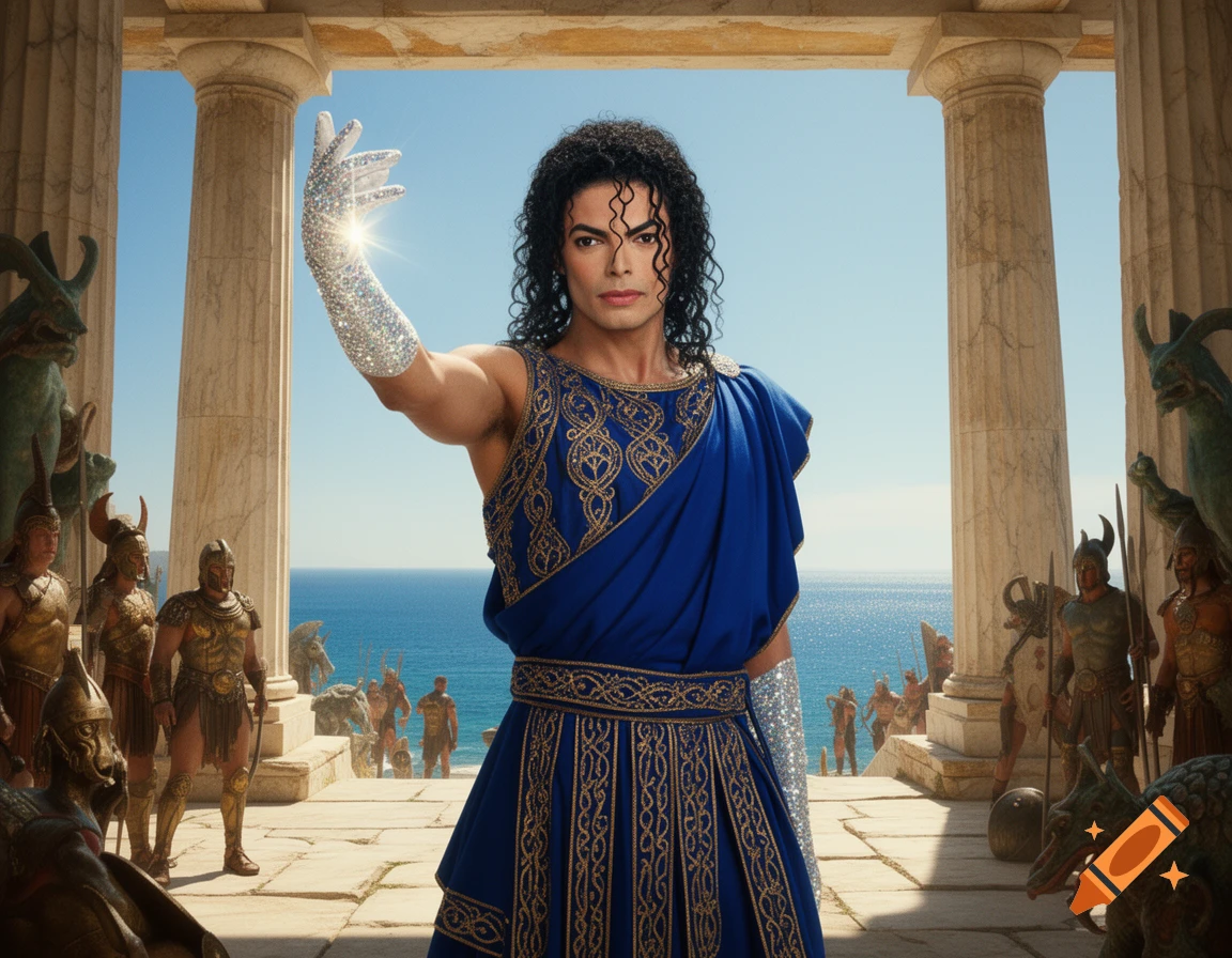 Photorealistic image of Michael Jackson in a blue and gold Greek tunic, a sparkling glove, ancient columns, and warriors overlooking the sea.