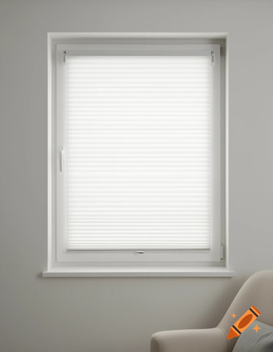 A white window with a pleated blind, with a beige armchair in the bottom right corner against a light grey wall.