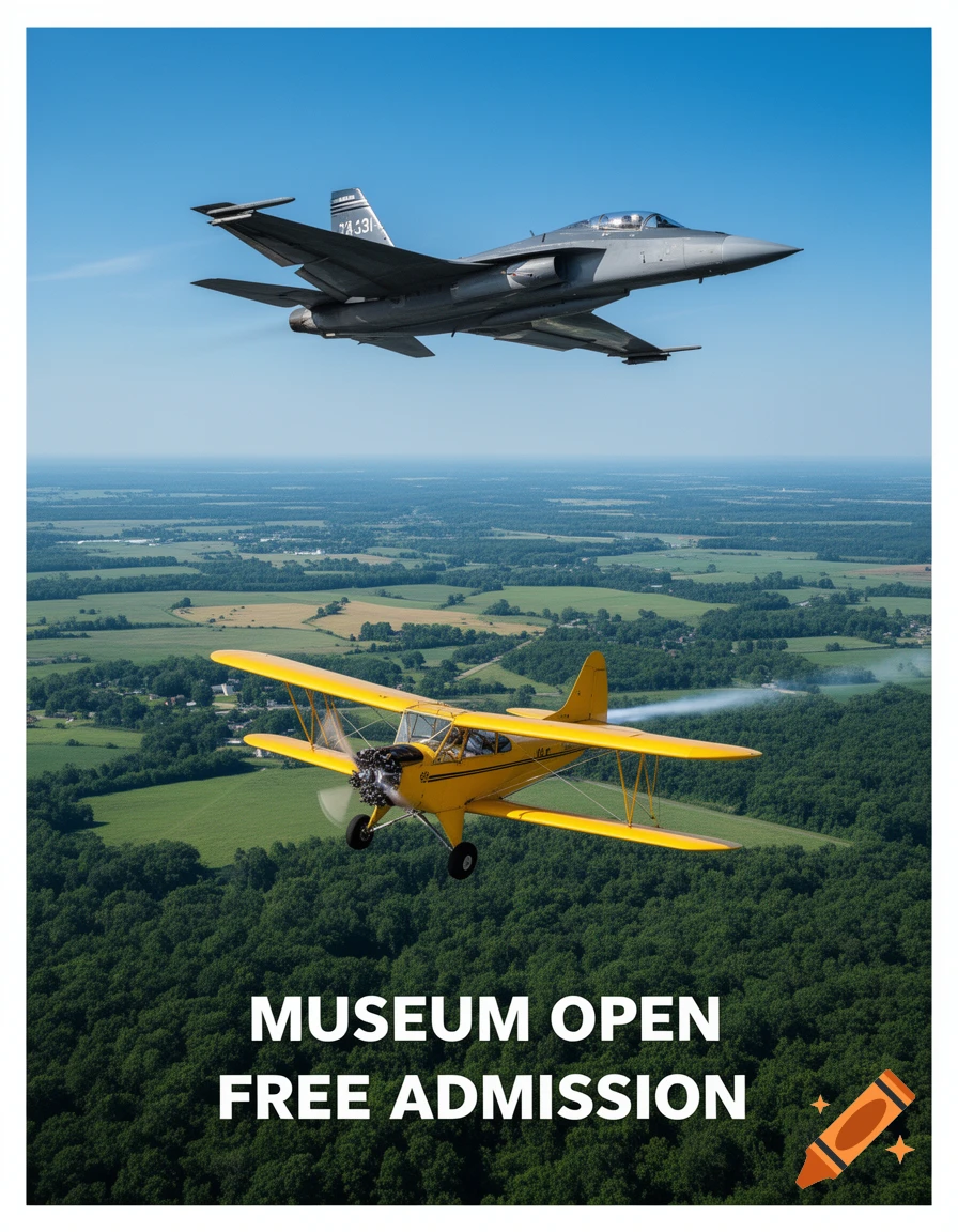 A photorealistic poster showing a grey fighter jet and a yellow biplane flying over a rural landscape, with 'MUSEUM OPEN FREE ADMISSION' text.
