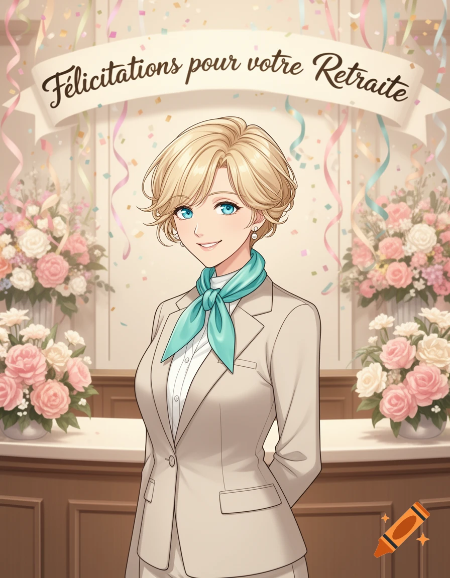 Anime-style portrait of a smiling blonde woman in a beige suit and teal scarf, with a 'Congratulations on your Retirement' banner and flowers.