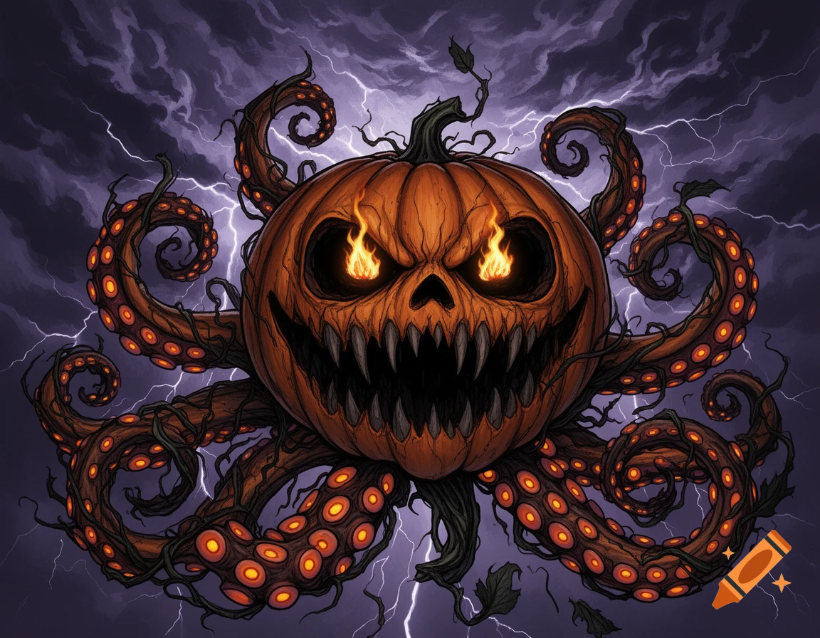 An ominous jack-o'-lantern monster with glowing eyes and pumpkin tentacles against a stormy, lightning-filled sky. Horror illustration.