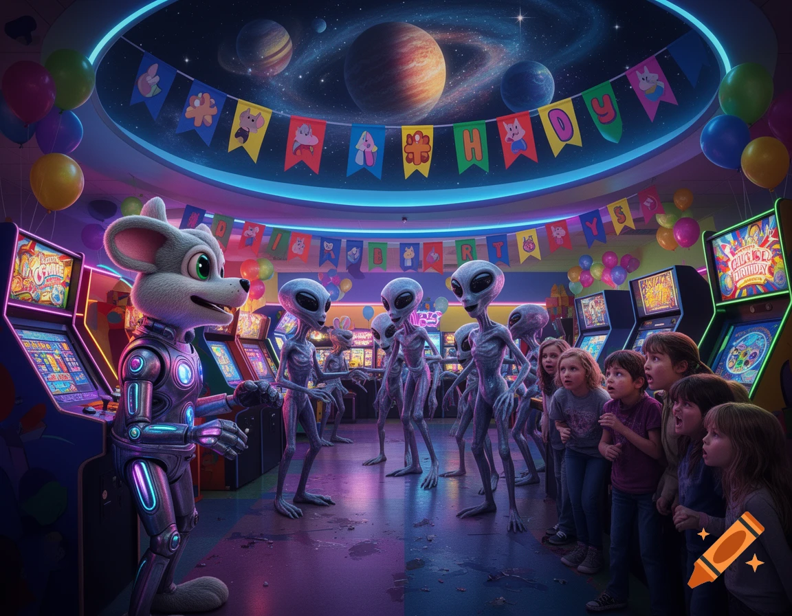 A robot mouse, grey aliens, and children are gathered in a brightly lit, space-themed arcade with planets overhead and birthday banners.