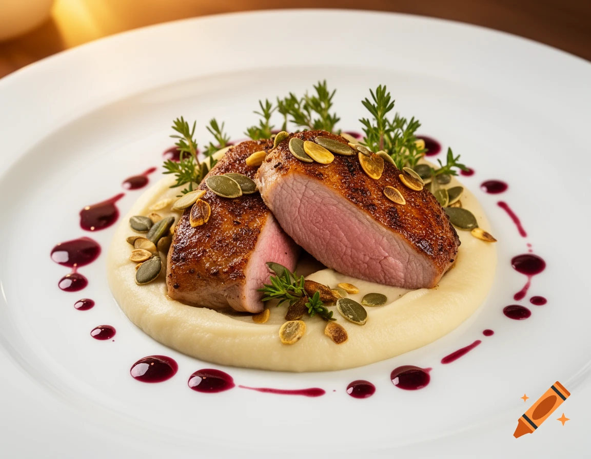 Two roasted pigeon breast fillets on celeriac cream, garnished with fresh herbs, pumpkin seeds, and elderberry jus.