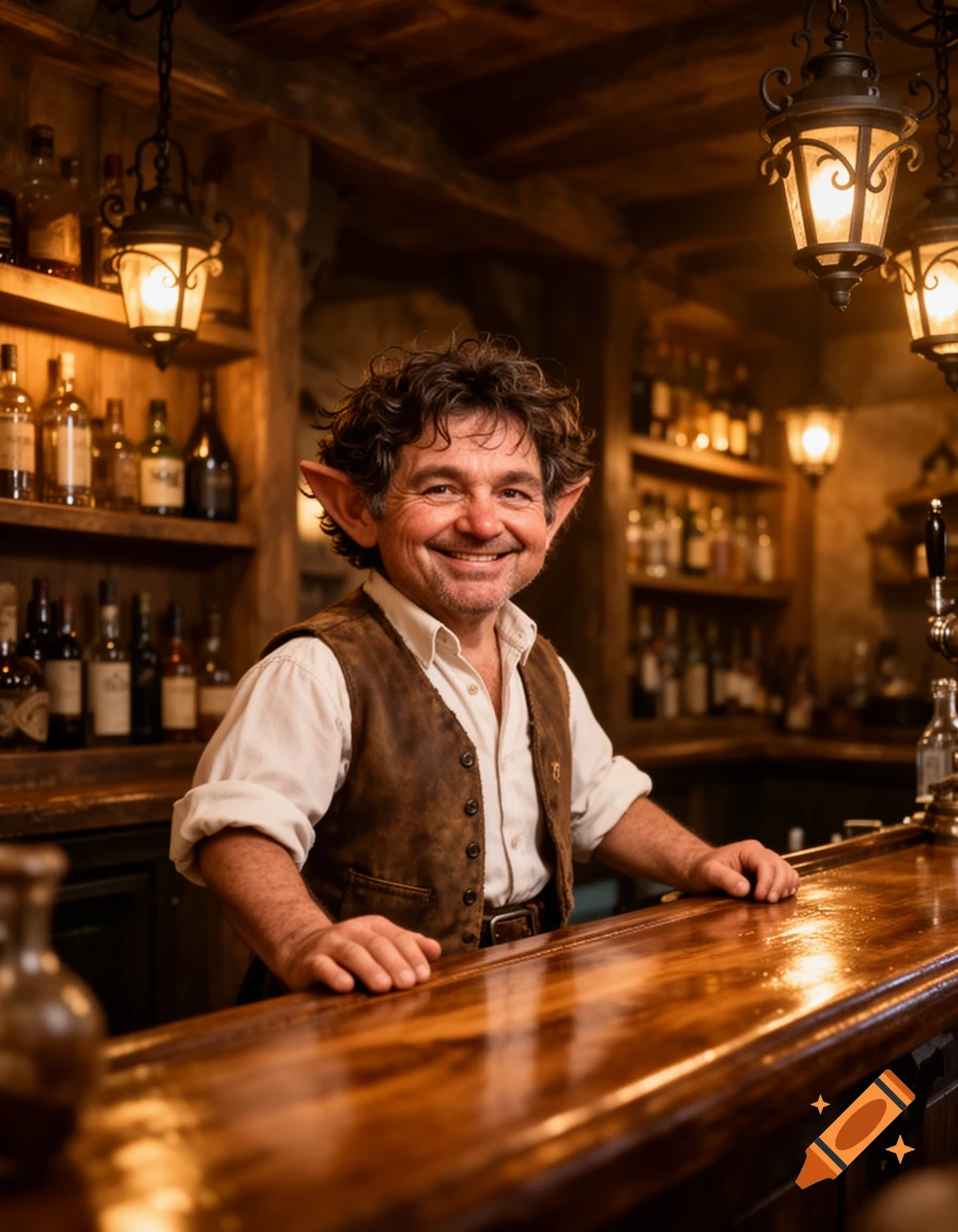 A smiling halfling bartender with curly brown hair and pointy ears stands behind a wooden bar, surrounded by shelves of bottles in a cozy, warmly lit tavern.