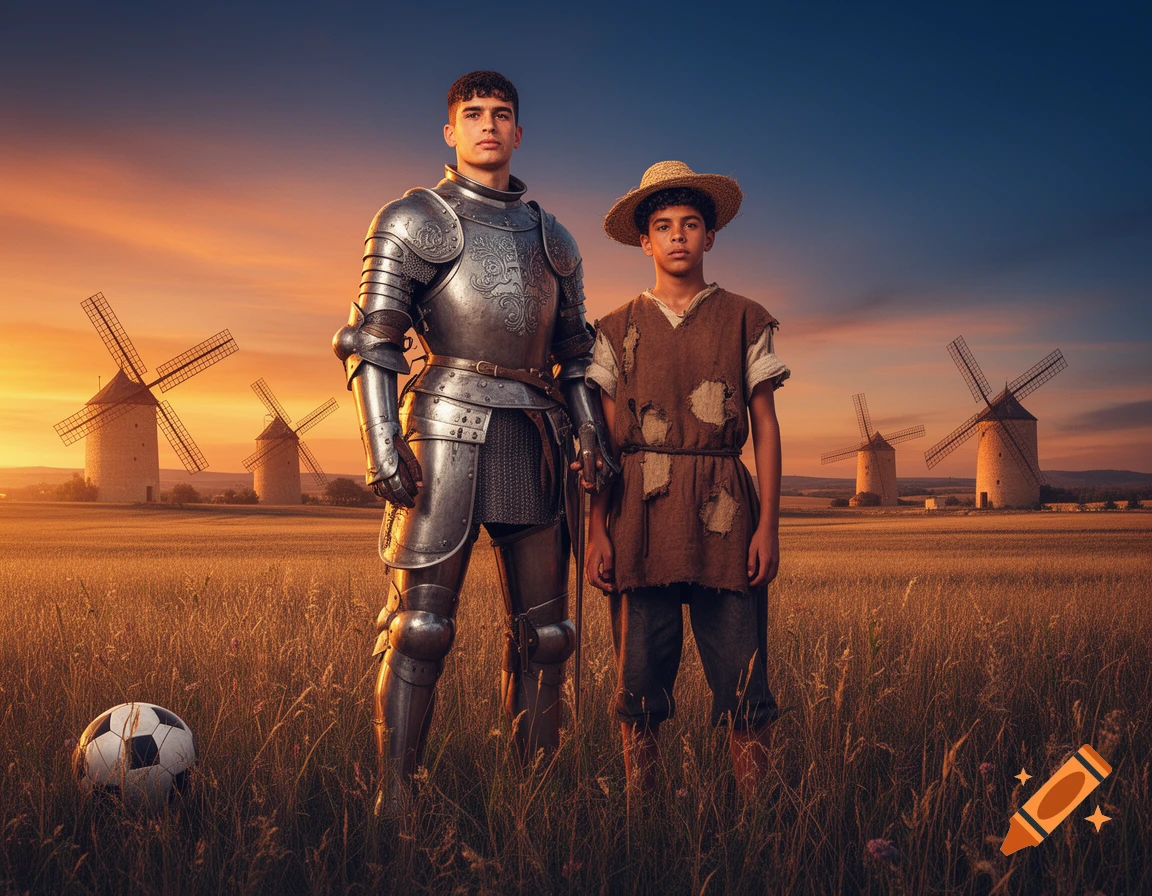 Photorealistic image of a knight and a peasant boy in a field with windmills at sunset, a soccer ball near their feet.