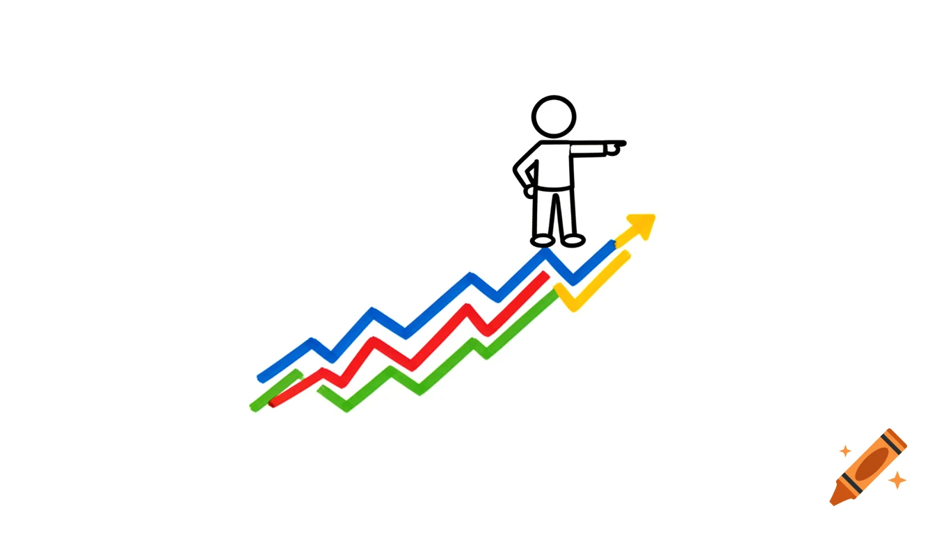 A minimalist stick figure stands on a rising multi-colored line chart, pointing right, on a white background, in a vector art style.
