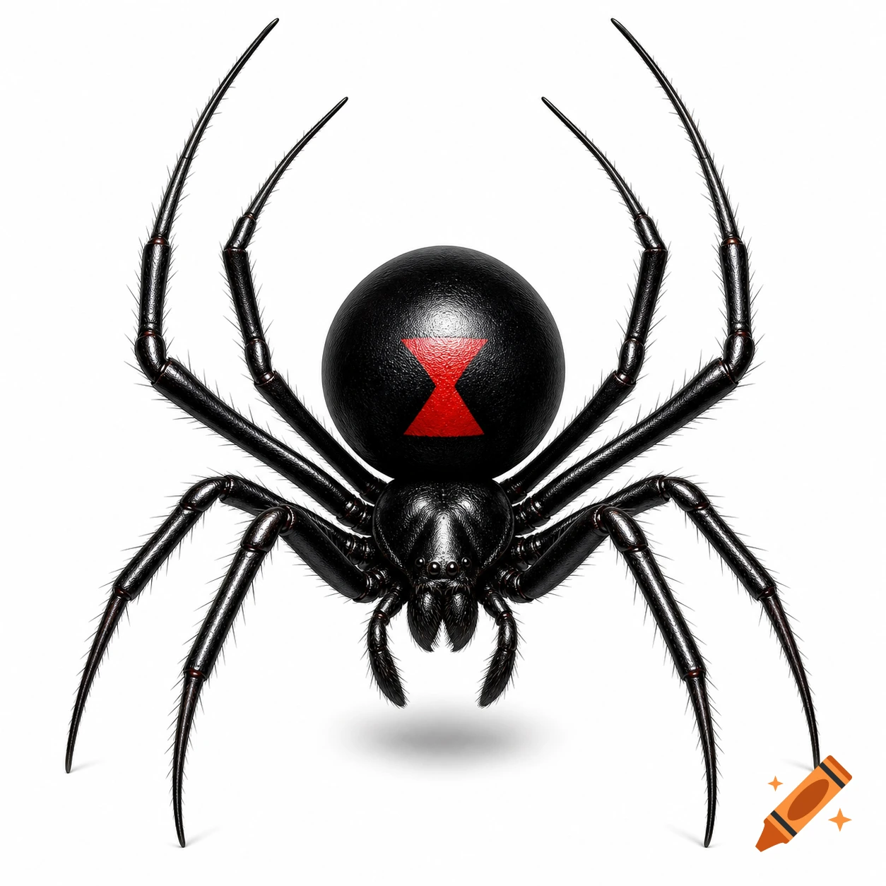A highly detailed, photorealistic illustration of a black widow spider with its red hourglass marking on a white background.
