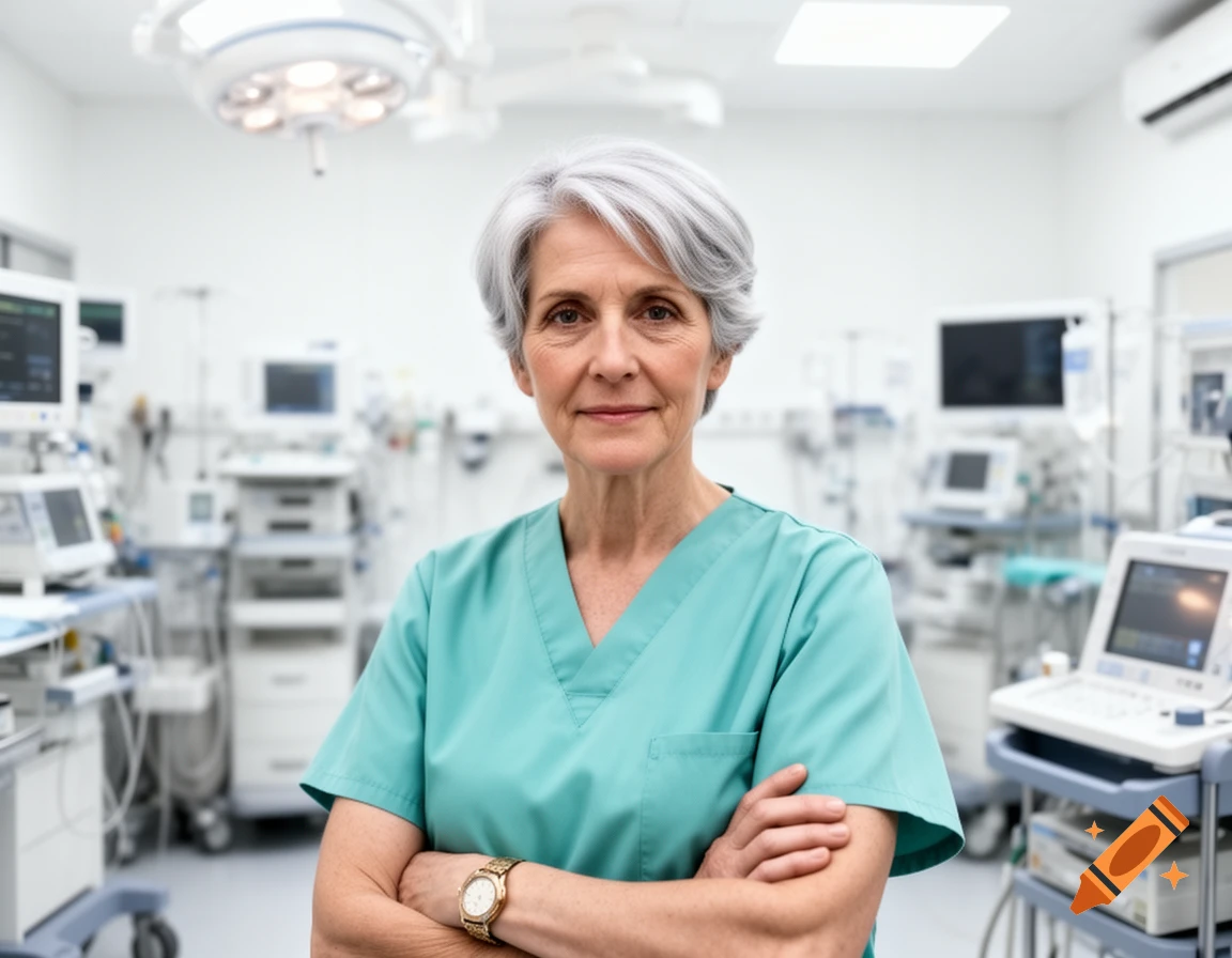 A photorealistic image of a mature woman with grey hair in teal scrubs, arms crossed, standing in a bright operating room.