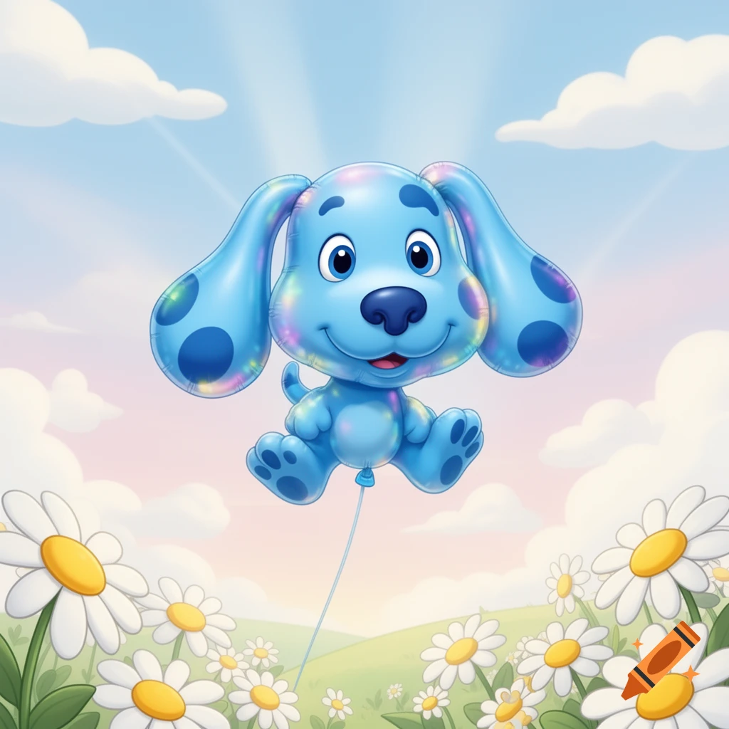 A balloon version of Blue from Blue's Clues floats over a field of white daisies under a pastel sky.