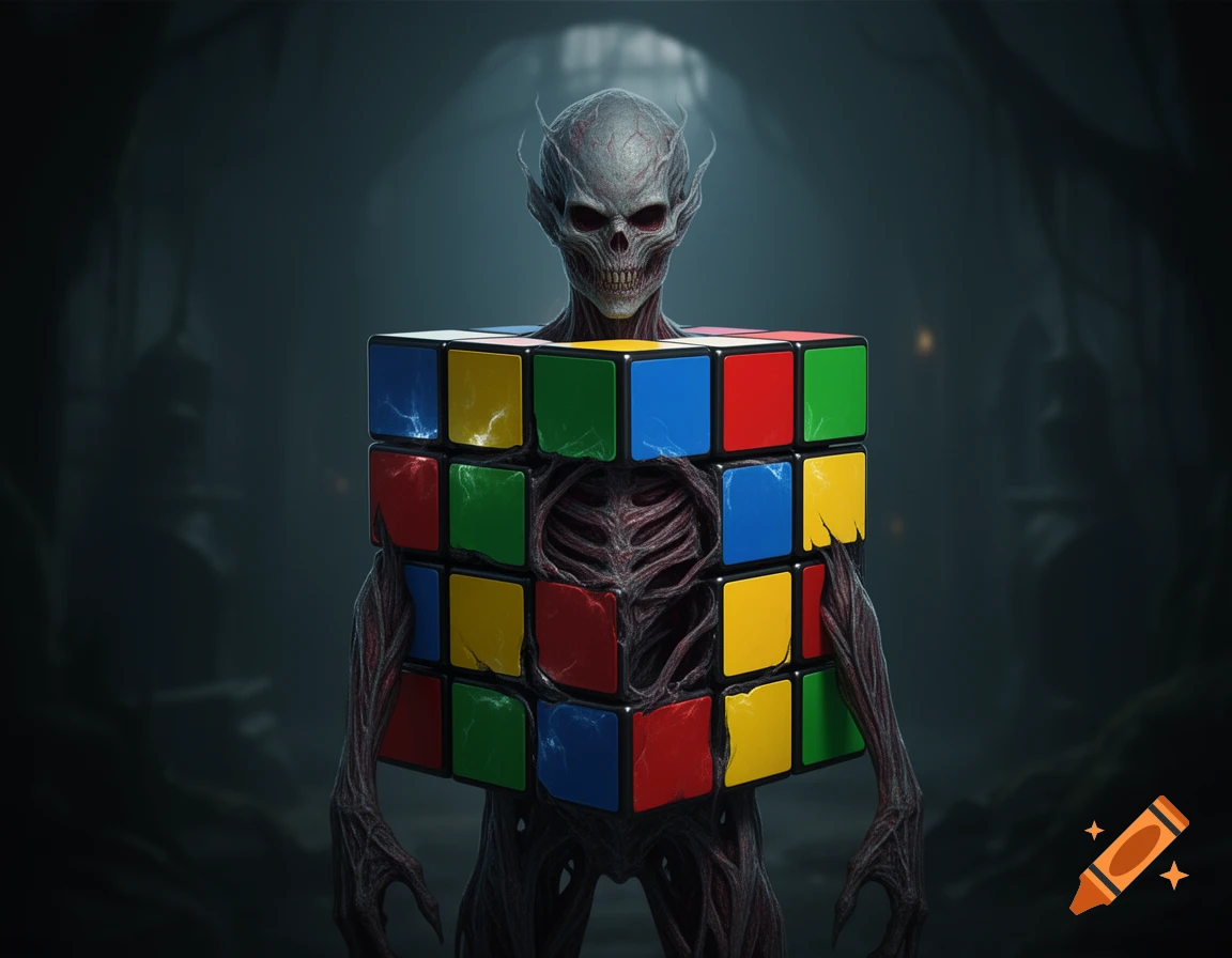 A skeletal, alien-like creature with red eyes stands in a dark setting, holding a large, colorful Rubik's cube.