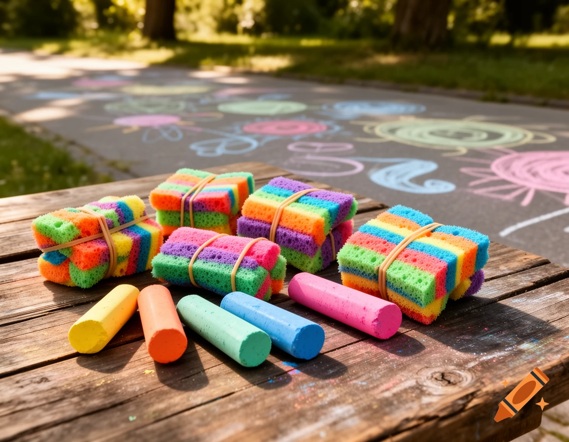 Colorful sponge bombs and sidewalk chalk on a wooden table, with abstract chalk art on the ground in the background.