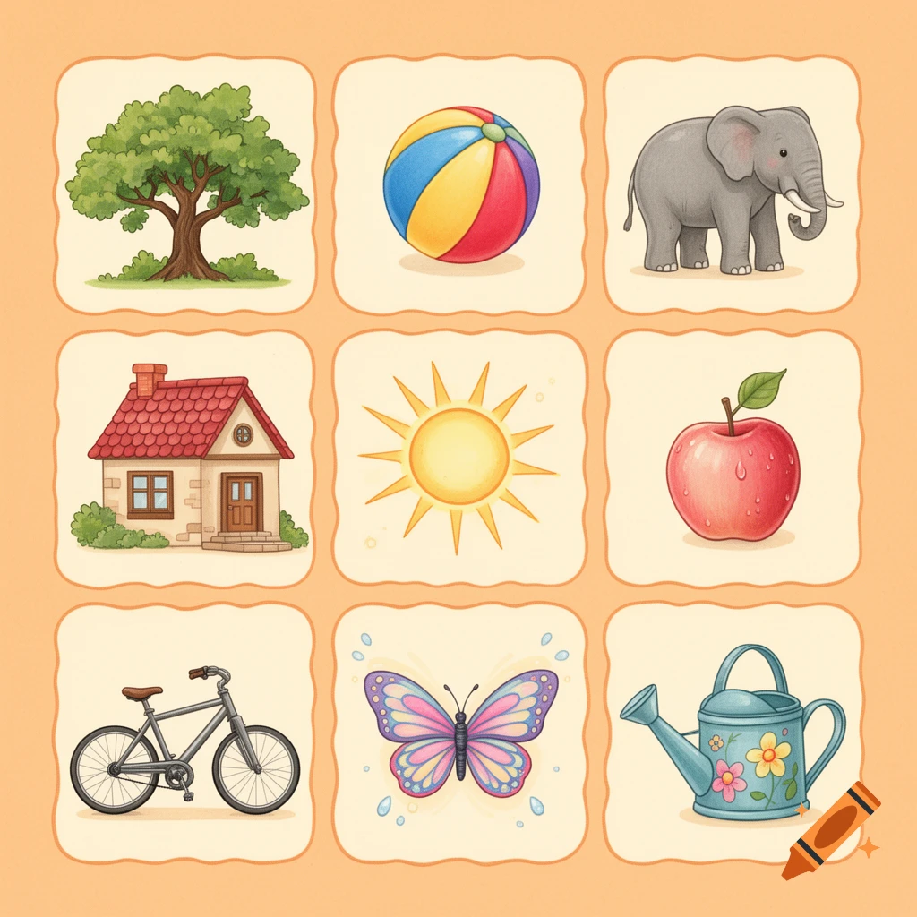 Nine child-friendly illustrations arranged in three rows and three columns. Each tile, with a wavy light orange border, features a different object: a tree, a beach ball, an elephant, a house, a sun, an apple, a bicycle, a butterfly, and a watering can.