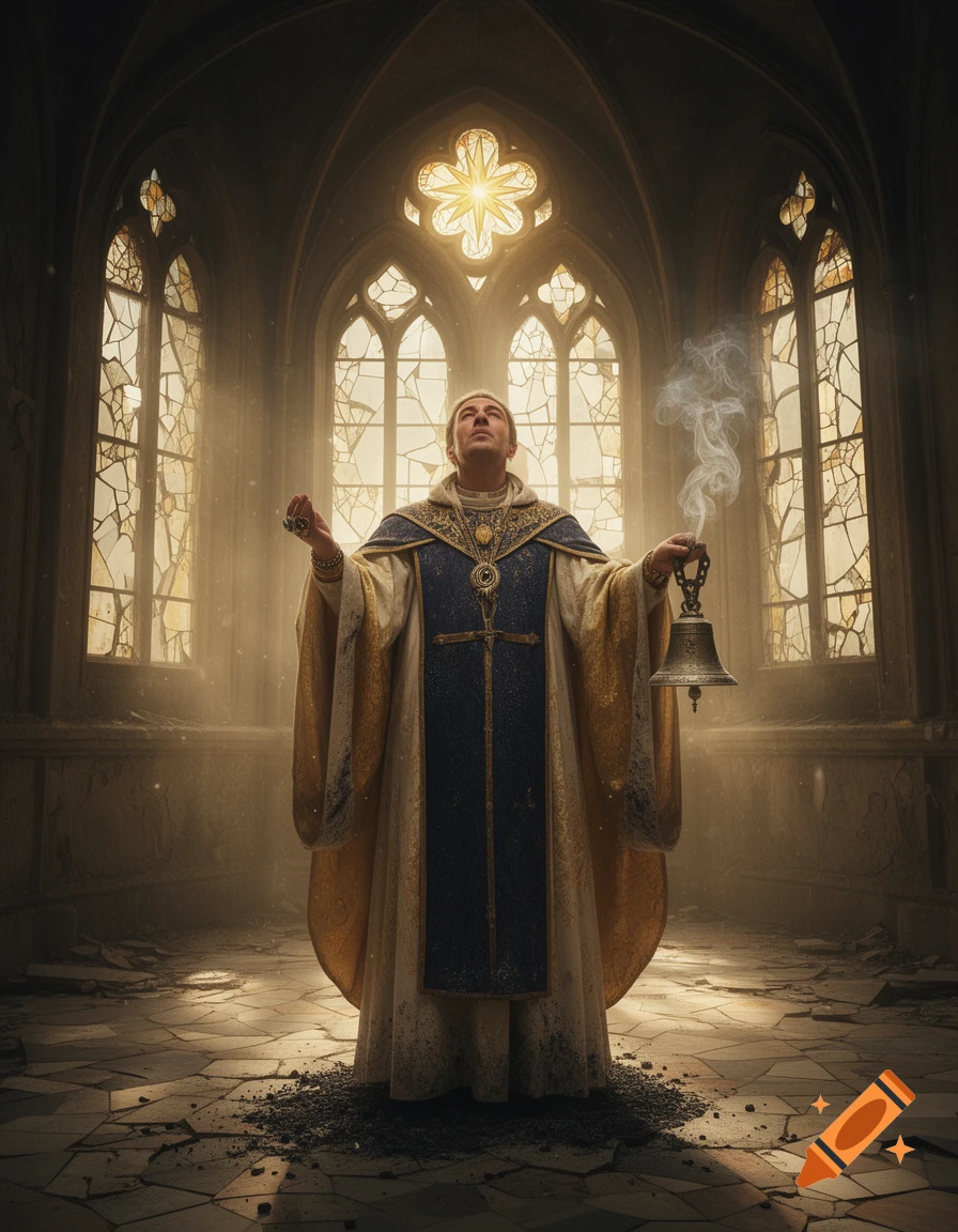 A man in ornate robes stands in a ruined gothic church, holding a smoking censer and a bell, light streaming through cracked windows.