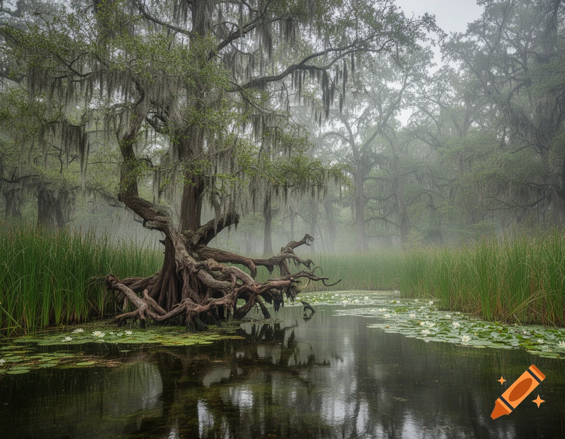Gnarled cypress tree with Spanish moss growing in a foggy swamp, surrounded by tall reeds and water lilies on dark water.