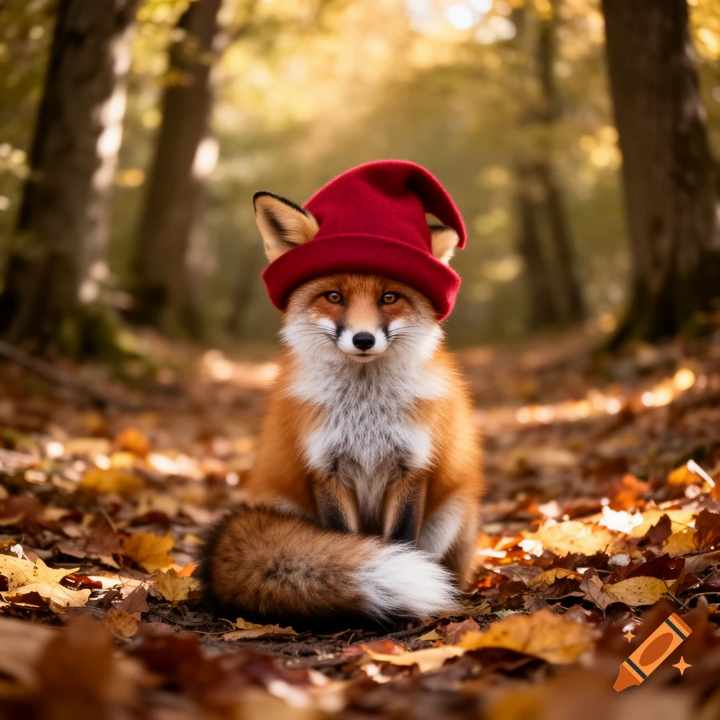 A photorealistic red fox wearing a small red hat sits on a path covered in golden autumn leaves in a sunlit forest.