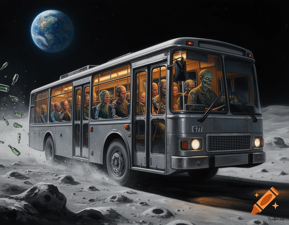 A stylized painting of an old bus, driven by a zombie and filled with cyborg passengers, speeding across the moon's surface with Earth in the night sky. Empty bottles float out the back.