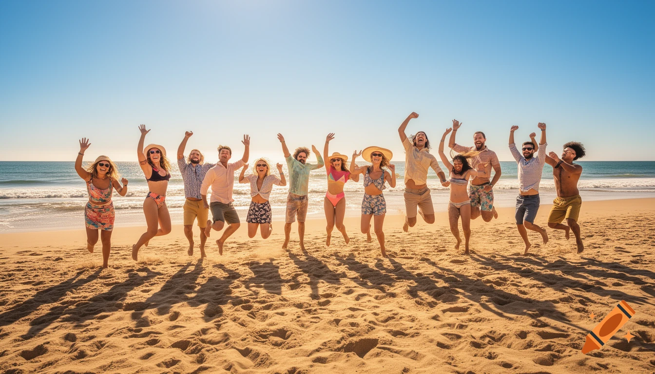 A diverse group of happy people jump in the air on a sunny beach, waves in the background.