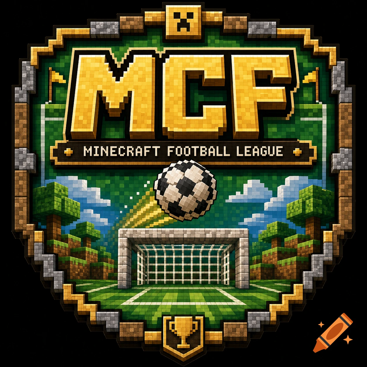 Pixel art logo for a Minecraft Football League, featuring a soccer field, goal, a flying football, and the text "MCF MINECRAFT FOOTBALL LEAGUE".