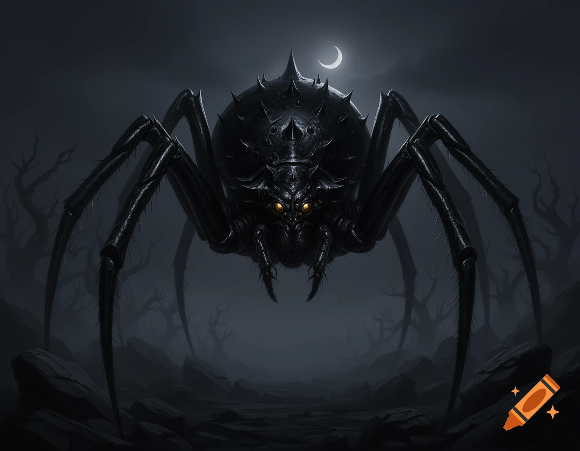 A photorealistic giant black spiky spider with glowing yellow eyes hovers under a crescent moon in a dark, barren landscape.