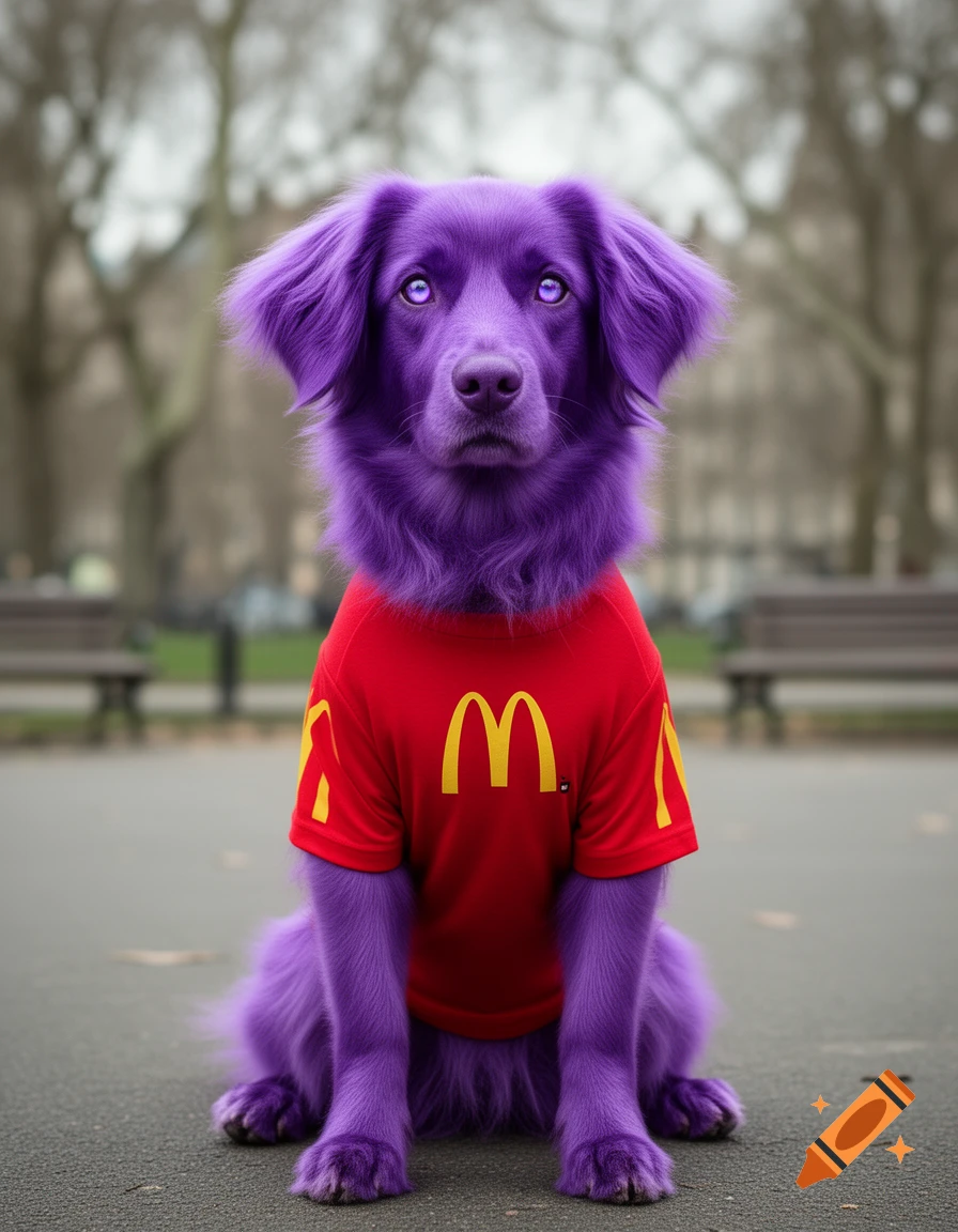 A purple dog sits wearing a red t-shirt with a yellow McDonald's logo in a park.