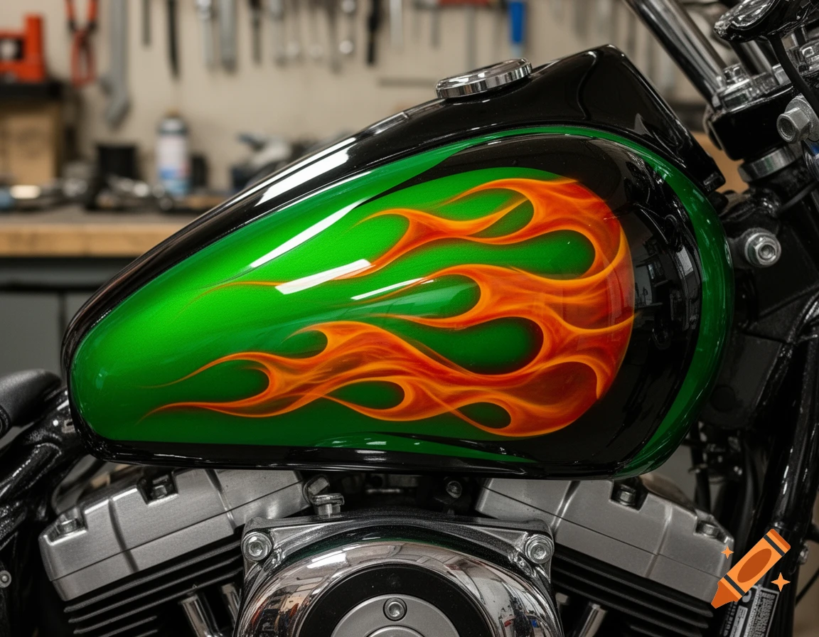 Close-up of a green and black motorcycle fuel tank with orange flame decals, showing chrome engine parts.