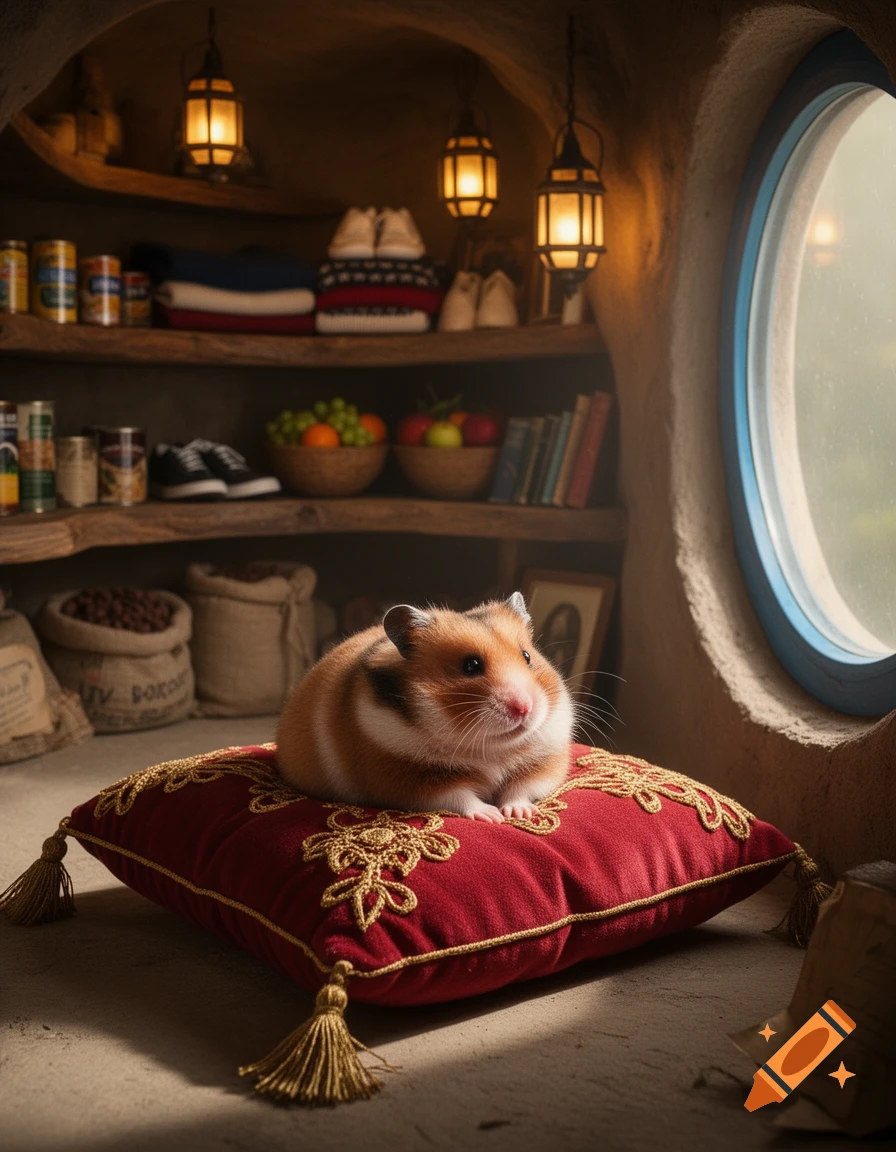 A realistic, fluffy brown and white hamster sits on a red cushion with golden embroidery and tassels, in a cozy, well-lit hobbit-hole style room with shelves full of various items.