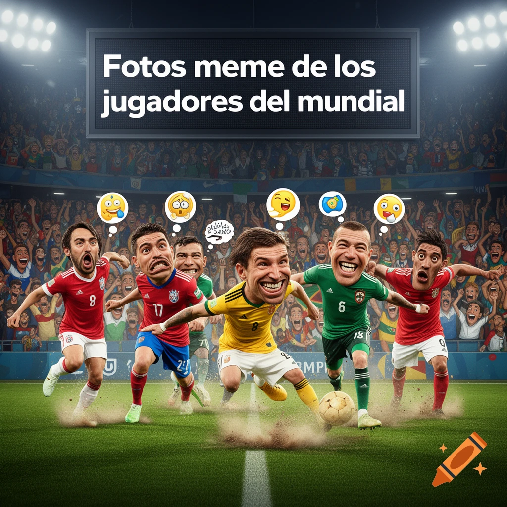 A cartoon of five exaggerated soccer players with large heads running on a field in a stadium, with a scoreboard displaying "Fotos meme de los jugadores del mundial" and emojis in thought bubbles.