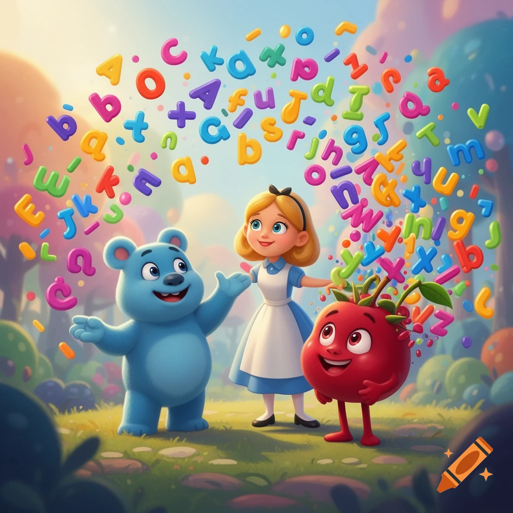Alice, a blue bear, and a red berry character stand in a whimsical forest with colorful letters floating around them.