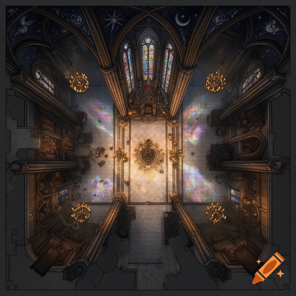 Detailed top-down fantasy battle map of an ornate cathedral interior with stained glass windows and colorful light patterns.