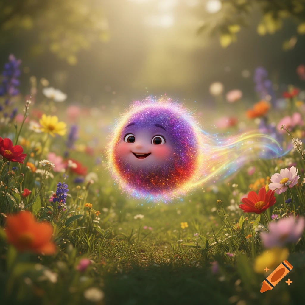 A vibrant, fuzzy, round creature with a friendly face floats through a sunlit field of colorful wildflowers, leaving a magical, rainbow-colored trail.