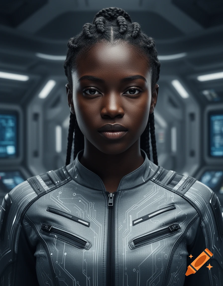 A young African woman with braided hair and deep dark skin in a grey sci-fi uniform with circuit patterns, stands in a futuristic spaceship.