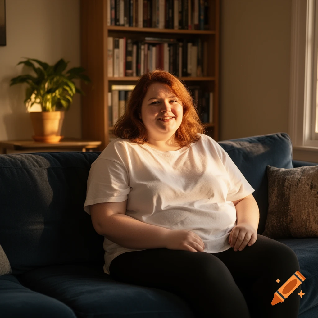 A smiling woman with red hair sits comfortably on a blue couch in a sunlit living room, with a bookshelf in the background.