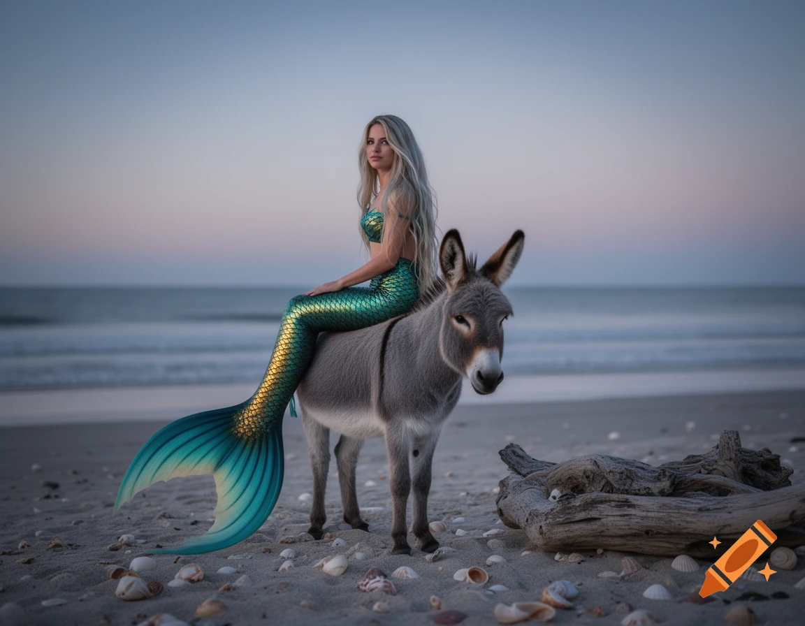A photorealistic image of a mermaid with long blonde hair and a teal and gold tail sitting on a donkey on a sandy beach at dusk.