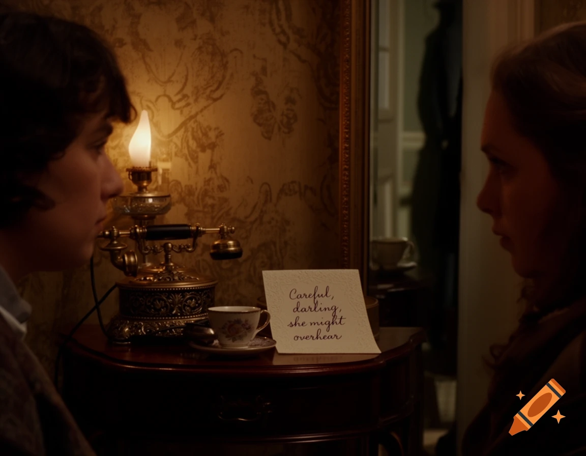 A side profile of two people looking at a handwritten note on a table next to a vintage telephone and lamp in a dimly lit room.