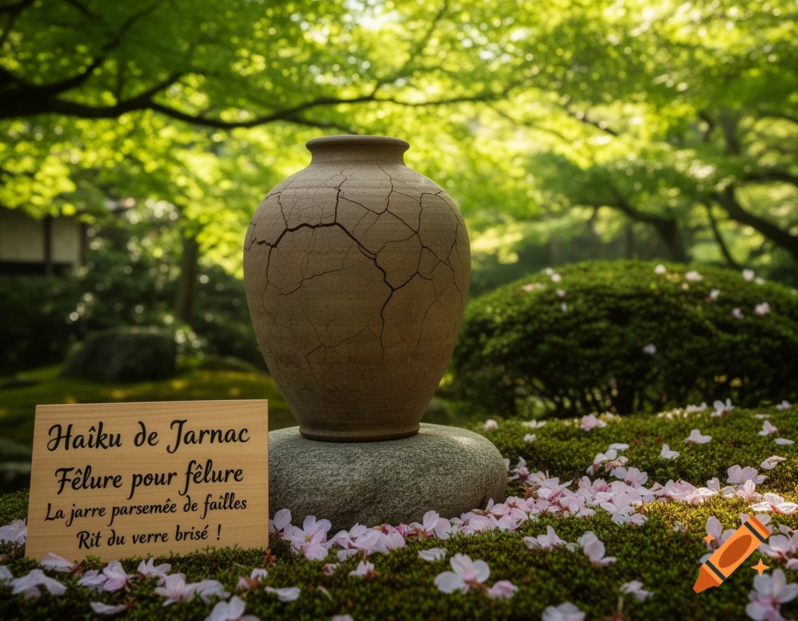 A cracked earthenware jar on a stone in a lush Japanese garden with pink cherry blossoms and a wooden sign displaying a haiku.