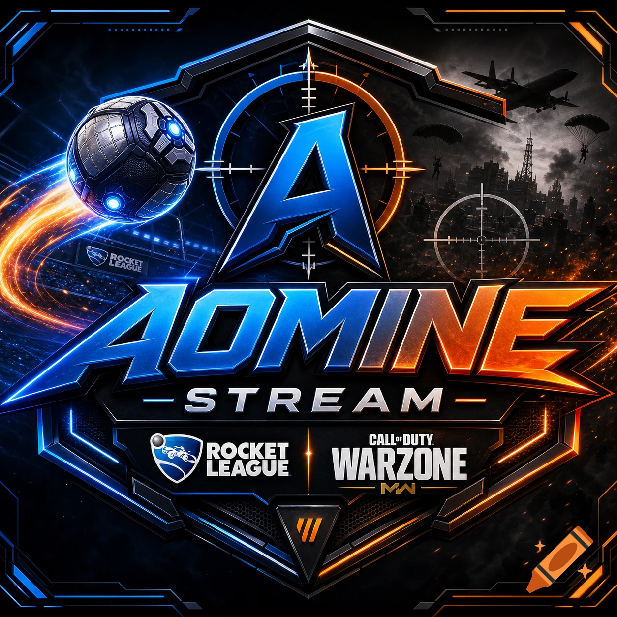 Futuristic gaming stream logo for AOMINE, blending blue Rocket League themes with an orange Call of Duty Warzone city scene.