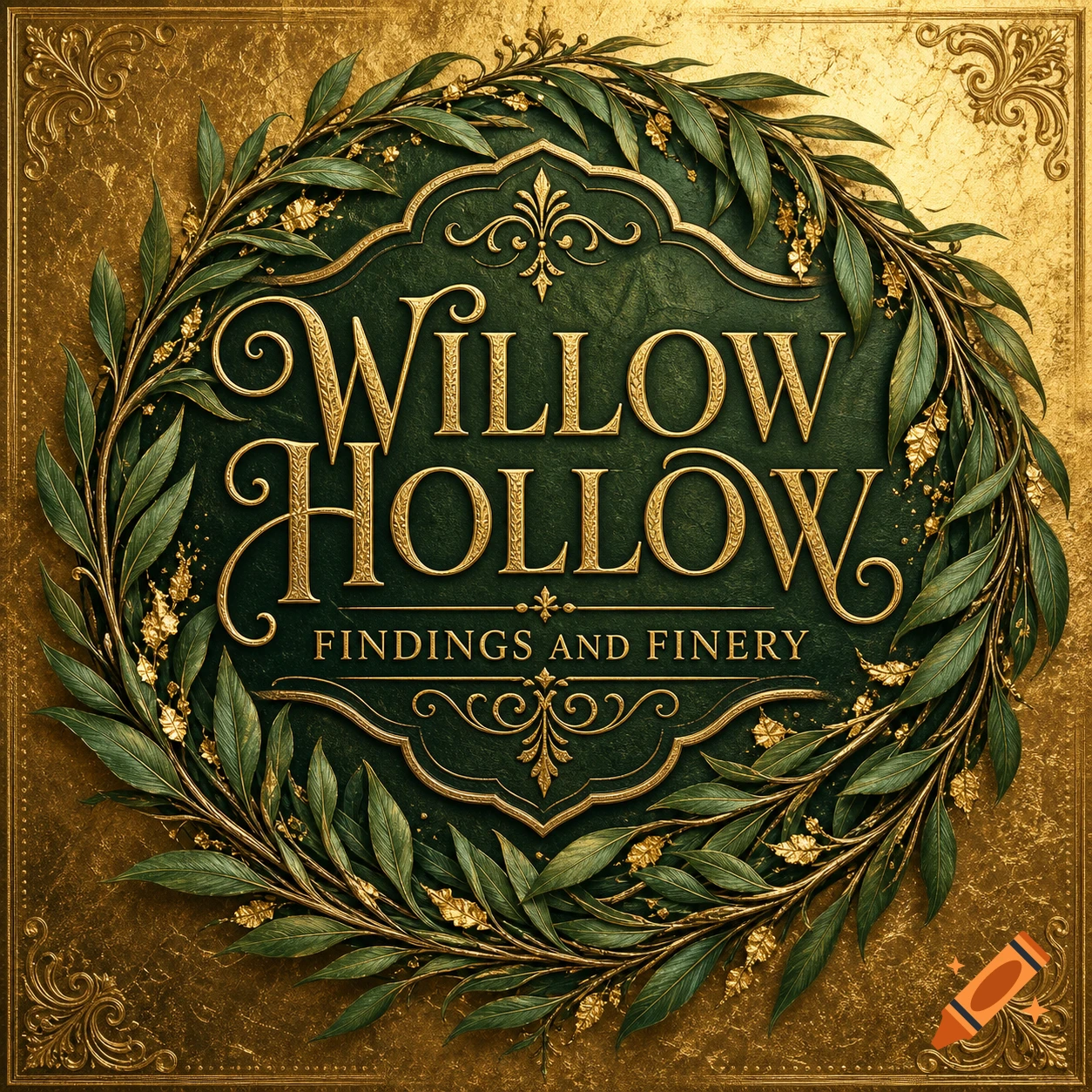 Ornate green and gold emblem with the text 'Willow Hollow Findings and Finery' surrounded by a wreath of leaves.