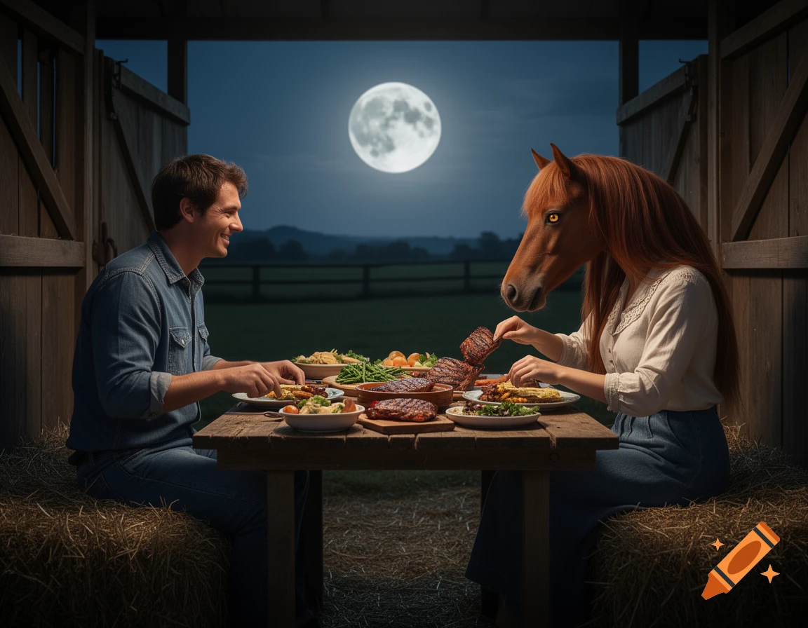 A man and a woman with a horse head enjoy a moonlit dinner inside a barn, with a field in the background.