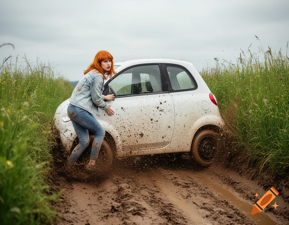 A ginger woman in a denim jacket and jeans struggles to free a small white car stuck in a muddy track amidst tall grass, mud splattering.