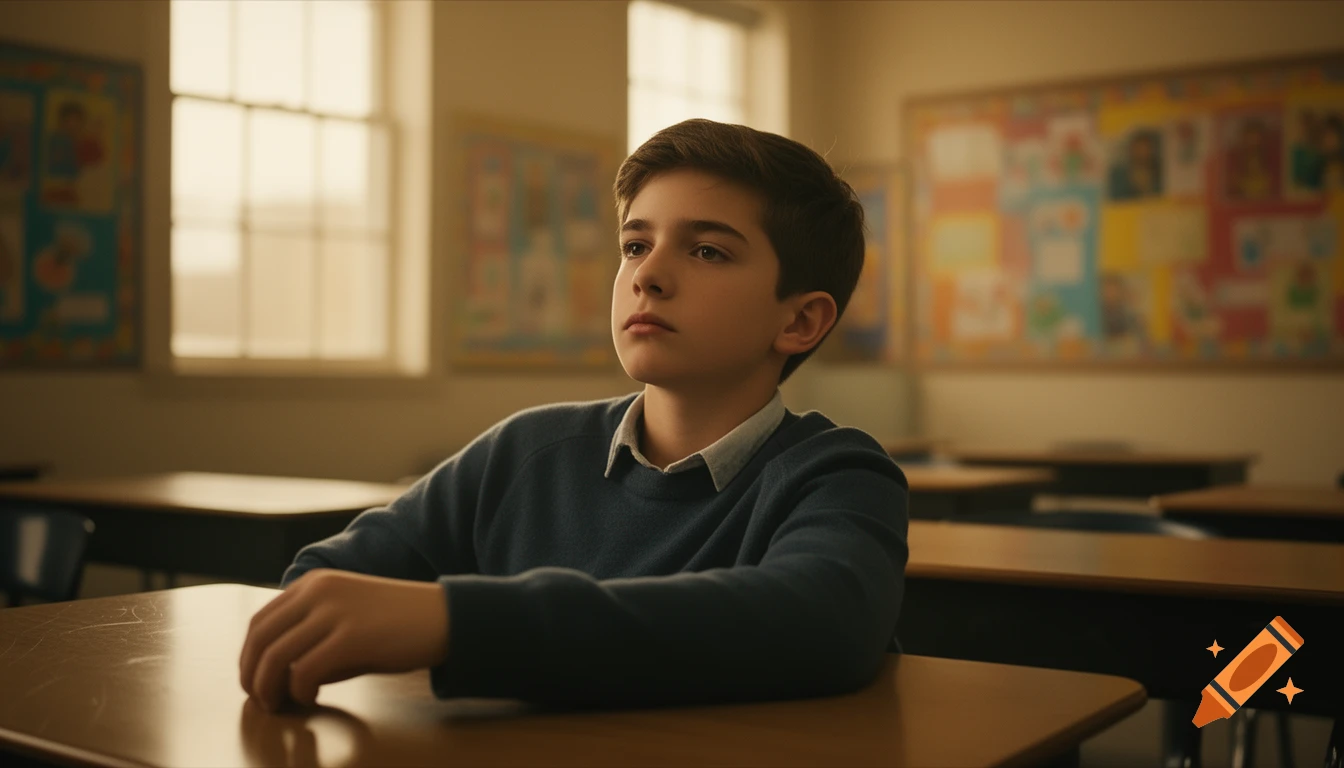 A young boy sits at a school desk, looking thoughtfully off-camera in a cinematic shot.