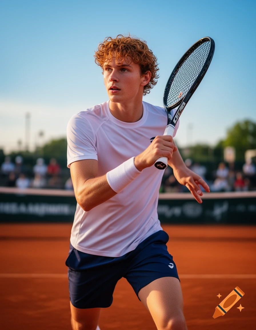 A young male tennis player with red curly hair, wearing a white shirt and blue shorts, holds a racket on a clay court.
