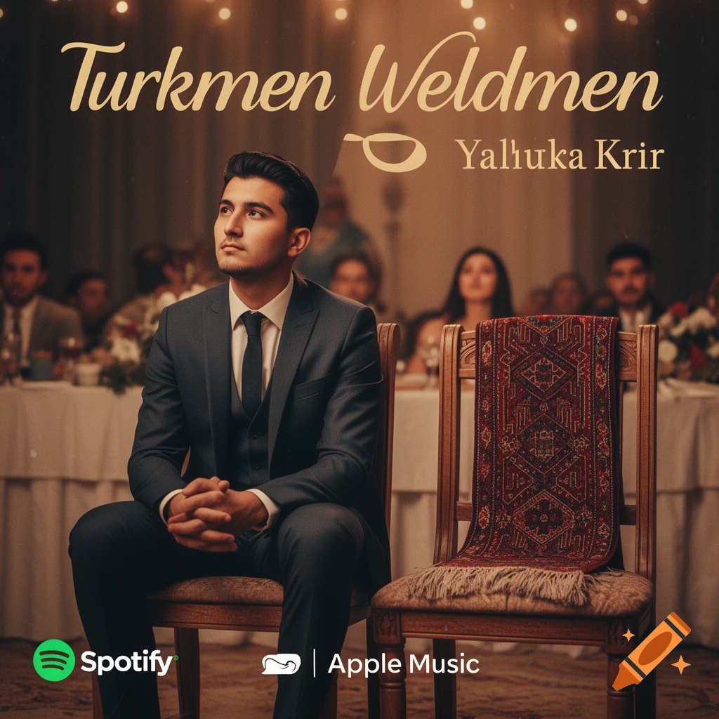 A young Turkmen man in a suit sits alone at a wedding party, an empty chair with a traditional scarf next to him, text reads "Turkmen Weldmen" and "Spotify, Apple Music".