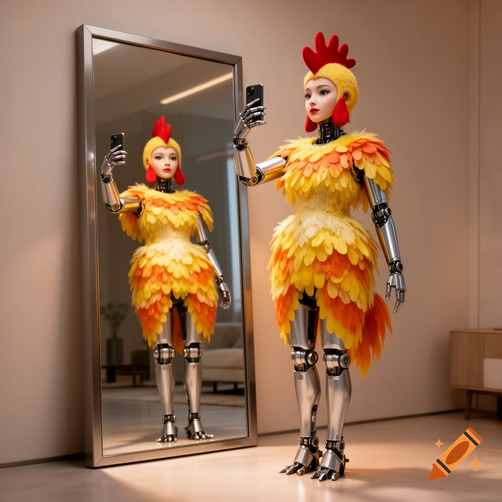 A photorealistic female robot in a yellow and orange feathered chicken costume takes a selfie in a full-length mirror.