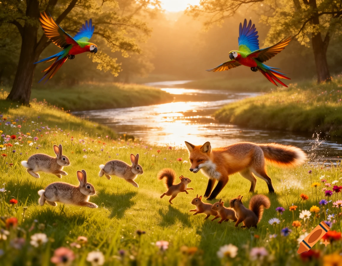 A photorealistic depiction of a fox, rabbits, squirrels, and parrots in a vibrant, sunlit meadow with a winding river.