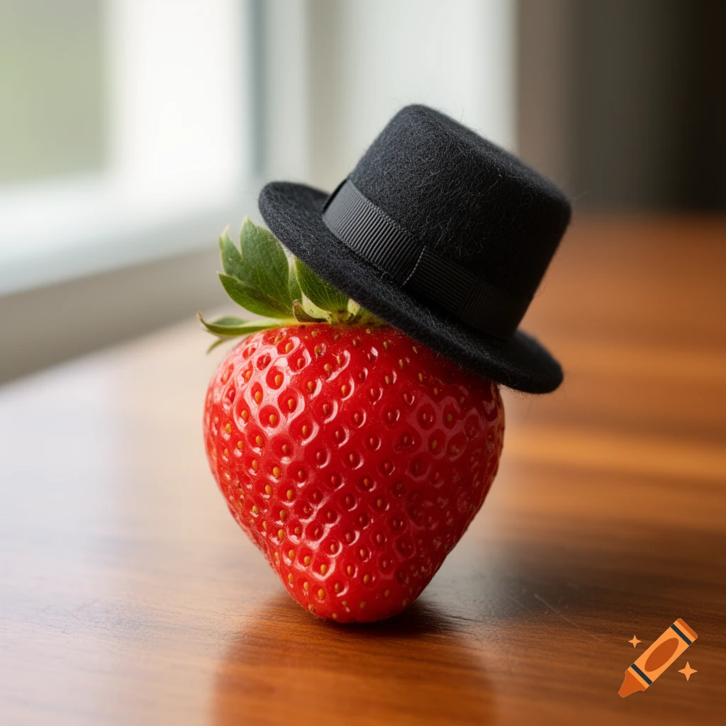 A photorealistic strawberry wearing a tiny black top hat on a wooden table.