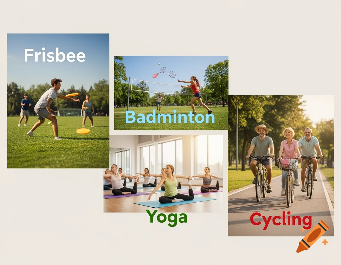 A photorealistic collage showing people playing frisbee, badminton, doing yoga, and cycling, each activity labeled.