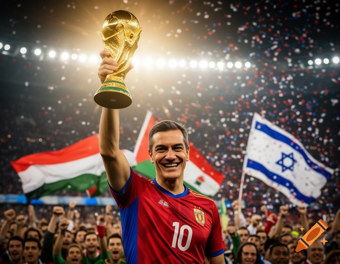 A smiling man in a red and blue jersey with number 10 lifts a golden World Cup trophy in a confetti-filled stadium with cheering fans and flags.