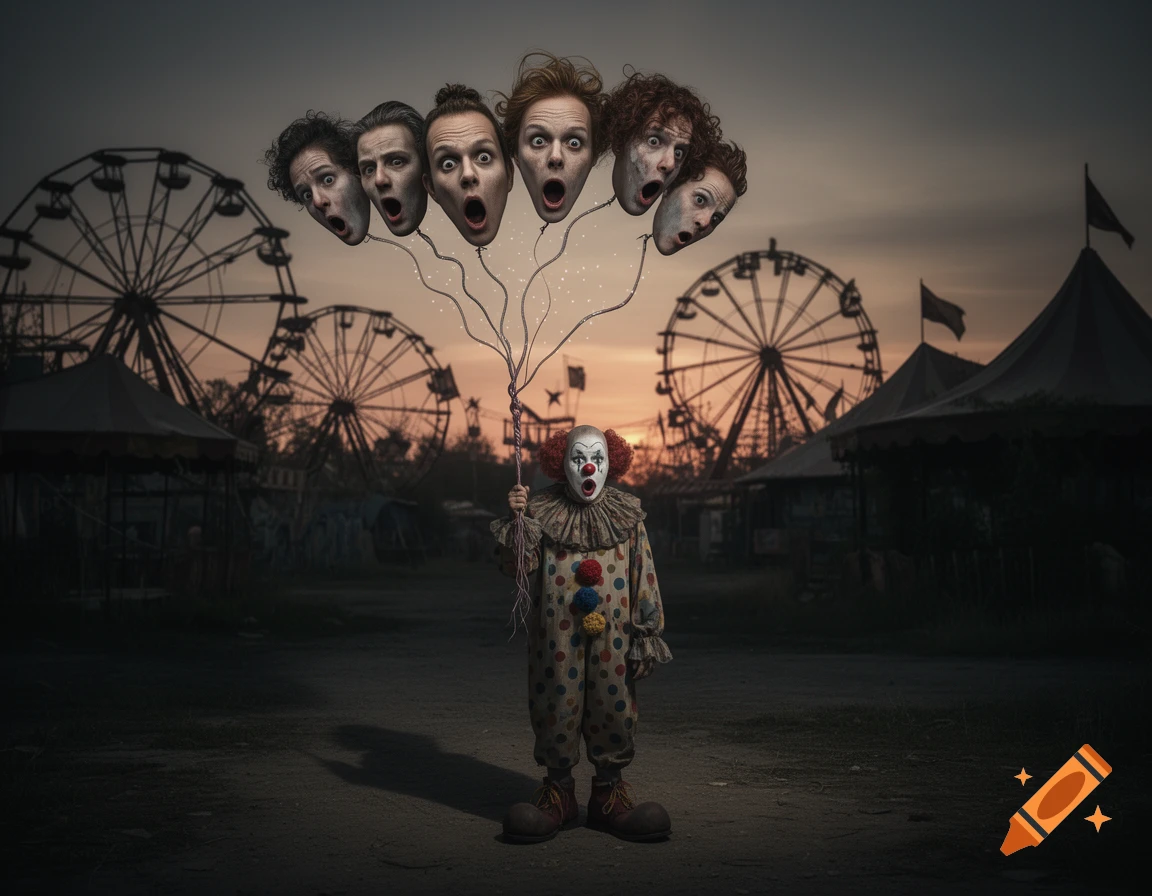 A creepy clown holds balloons made of screaming human heads at a dark, abandoned carnival at sunset.