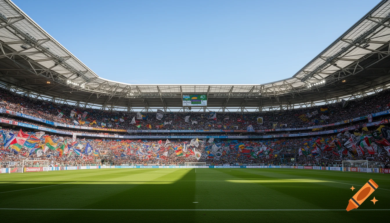 A large football stadium packed with a cheering crowd, many holding colorful flags and banners, under a clear blue sky.